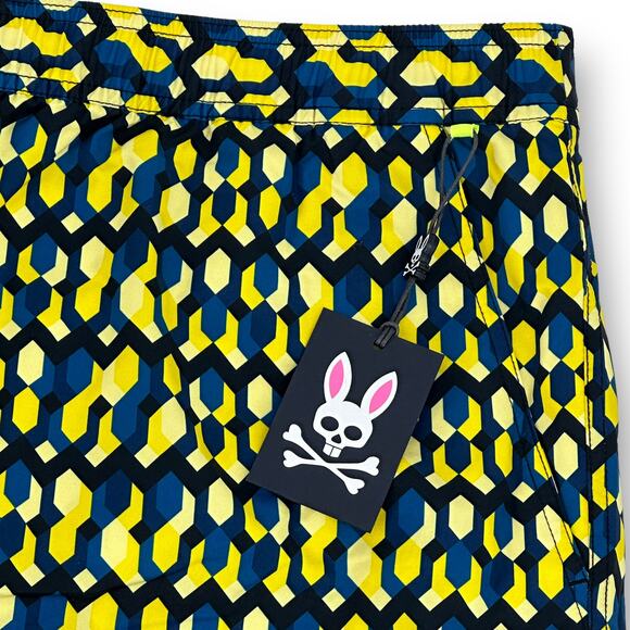 Psycho Bunny Everett Geometric Print Swim Trunks Big Tall Sz 6XL Blue Yellow 8" - Picture 3 of 6